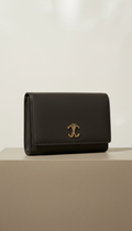 Charcoal Ebony Leather Clutch With Muted Gold Monogram