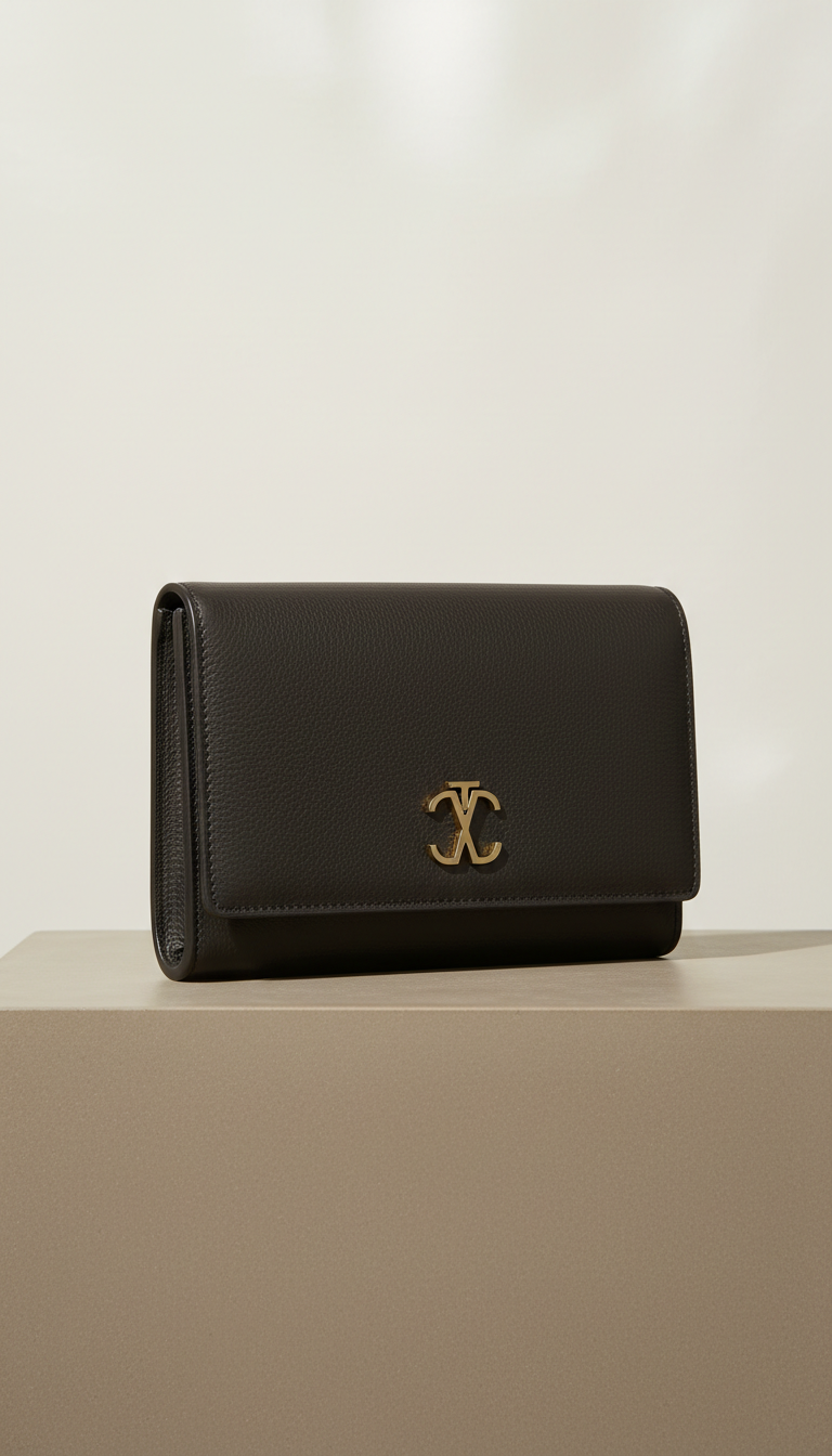 Charcoal Ebony Leather Clutch With Muted Gold Monogram
